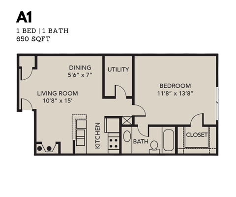 Floor plan for 1 bed, 1 bath, 650 sqft